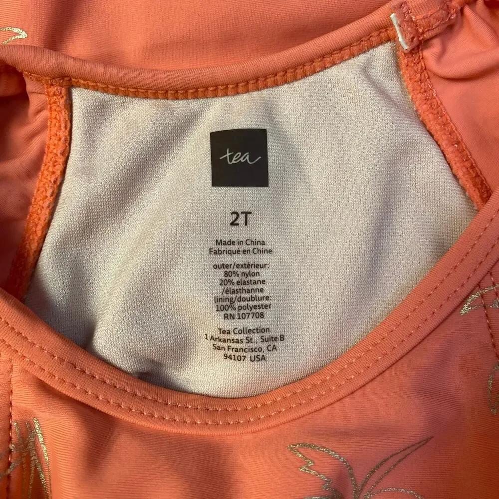 Tea Collection Girls Coral Pink Palm‎ Tree Ruffle One Piece Swim Suit Size 2T